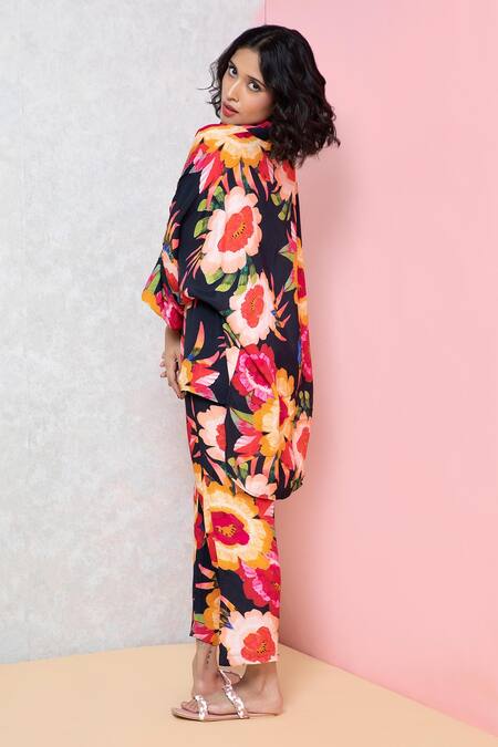Shop_Rhe-Ana_Black Rayon Collared Vibrant Floral Print Shirt And Pant Co-ord Set _Online_at_Aza_Fashions