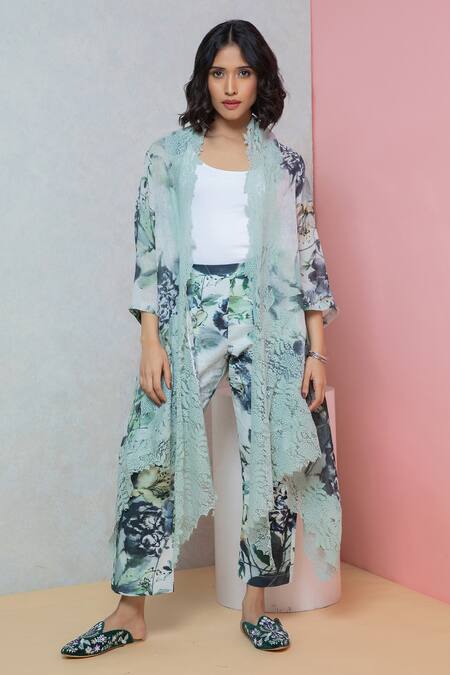 Buy_Rhe-Ana_Green Cotton Printed Overlay Cape And Straight Pant Set _Online_at_Aza_Fashions