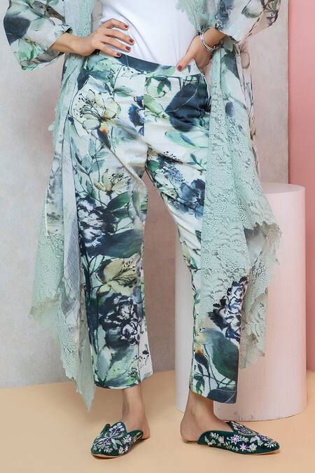 Buy_Rhe-Ana_Green Cotton Printed Overlay Cape And Straight Pant Set 