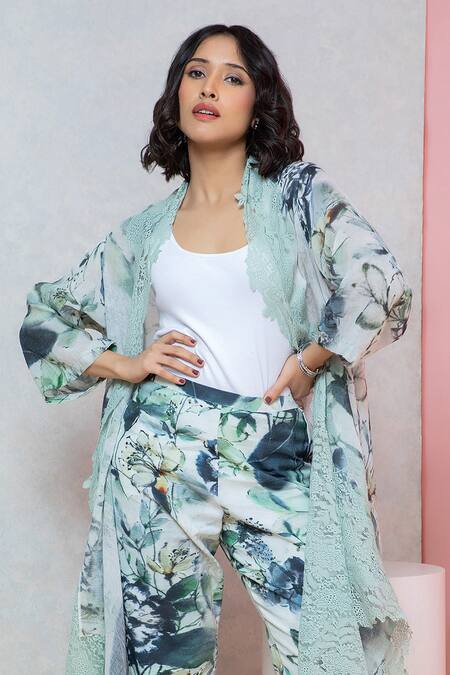 Shop_Rhe-Ana_Green Cotton Printed Overlay Cape And Straight Pant Set 