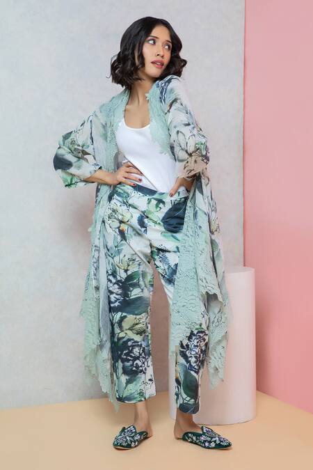 Shop_Rhe-Ana_Green Cotton Printed Overlay Cape And Straight Pant Set _Online_at_Aza_Fashions