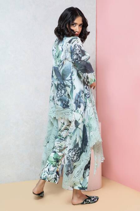 Rhe-Ana_Green Cotton Printed Overlay Cape And Straight Pant Set _at_Aza_Fashions