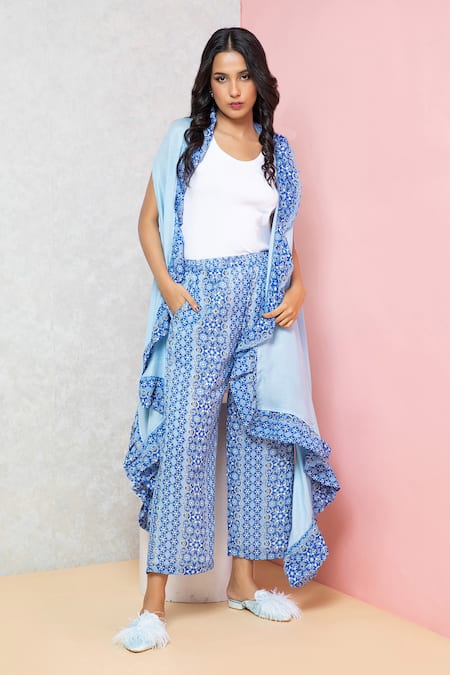 Rhe-Ana_Blue Polyester Floral Print Overlap Cape And Pant Set _Online_at_Aza_Fashions