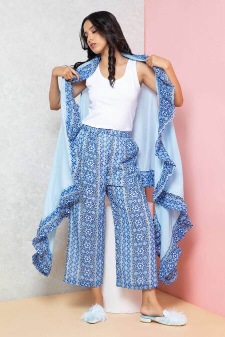 Buy_Rhe-Ana_Blue Polyester Floral Print Overlap Cape And Pant Set _Online_at_Aza_Fashions