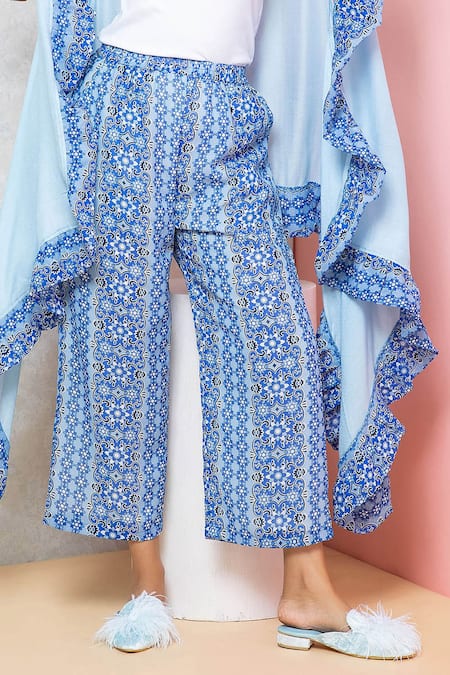 Buy_Rhe-Ana_Blue Polyester Floral Print Overlap Cape And Pant Set 