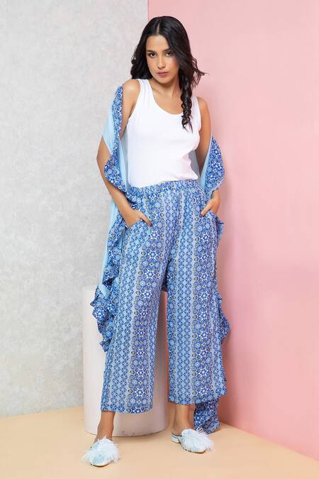 Shop_Rhe-Ana_Blue Polyester Floral Print Overlap Cape And Pant Set _Online_at_Aza_Fashions
