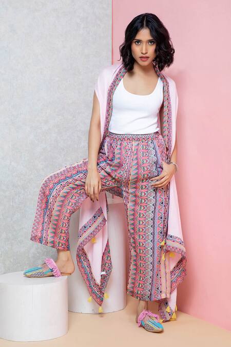 Buy_Rhe-Ana_Pink Polyester Embroidery Floral Print Cape And Pant Set _Online_at_Aza_Fashions