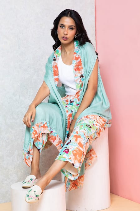Rhe-Ana_Green Polyester Printed Overlap Cape And Pant Set _Online_at_Aza_Fashions