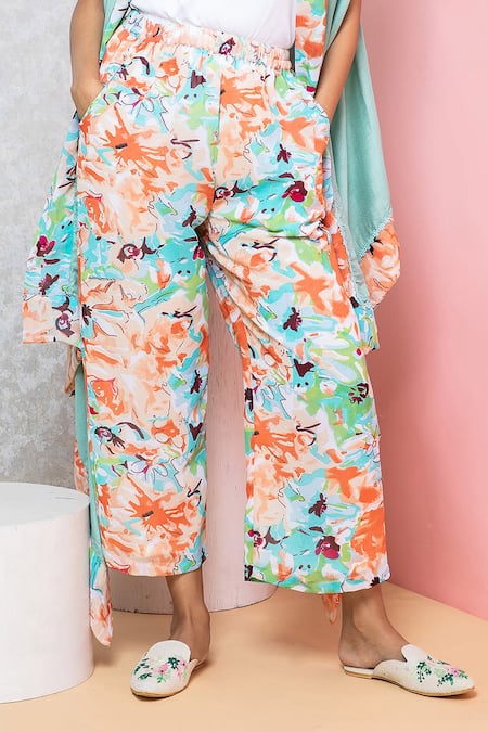 Buy_Rhe-Ana_Green Polyester Printed Overlap Cape And Pant Set 