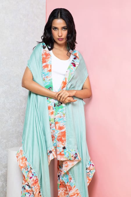 Rhe-Ana_Green Polyester Printed Overlap Cape And Pant Set _at_Aza_Fashions