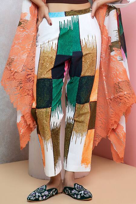 Buy_Rhe-Ana_Brown Cotton Abstract Print Overlay Cape And Straight Pant Set 