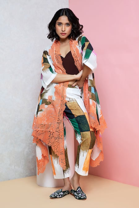 Rhe-Ana_Brown Cotton Abstract Print Overlay Cape And Straight Pant Set _Online_at_Aza_Fashions