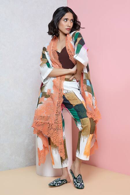 Buy_Rhe-Ana_Brown Cotton Abstract Print Overlay Cape And Straight Pant Set _Online_at_Aza_Fashions