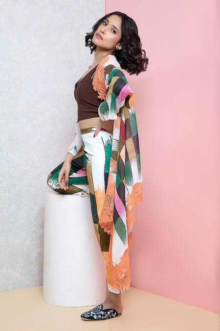 Shop_Rhe-Ana_Brown Cotton Abstract Print Overlay Cape And Straight Pant Set _Online_at_Aza_Fashions