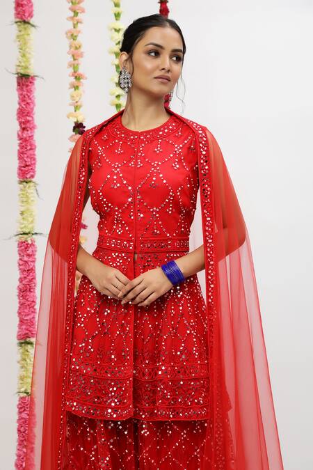 Shian_Red Net Embroidered Thread Round Neck Peplum Kurta Sharara Set  _Online_at_Aza_Fashions