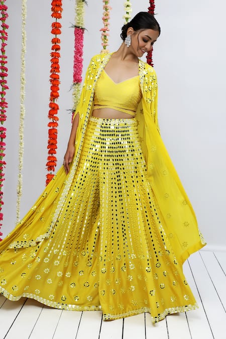 Buy_Shian_Yellow Crepe, Silk Dupion Thread, Mirror And Pearl Work Embellished Sharara Set _Online_at_Aza_Fashions