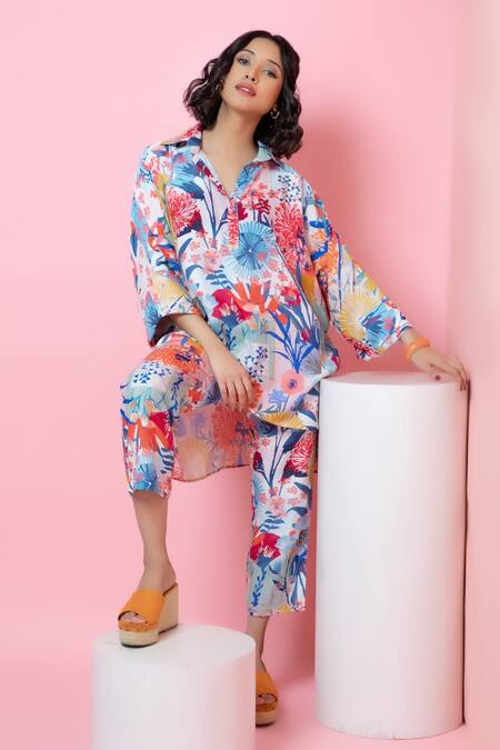 Shop Rhe-Ana Blue Rayon Embroidery Collared Blooming Flower Print Shirt And Pant Co-ord Set Online at Aza Fashions Shop_Rhe-Ana_Blue Rayon Embroidery Collared Blooming Flower Print Shirt And Pant Co-ord Set _Online_at_Aza_Fashions