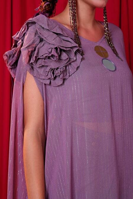Shop_Enech_Purple Shimmer Georgette Jhalar Asymmetric Kimono And Draped Skirt Set  _Online_at_Aza_Fashions
