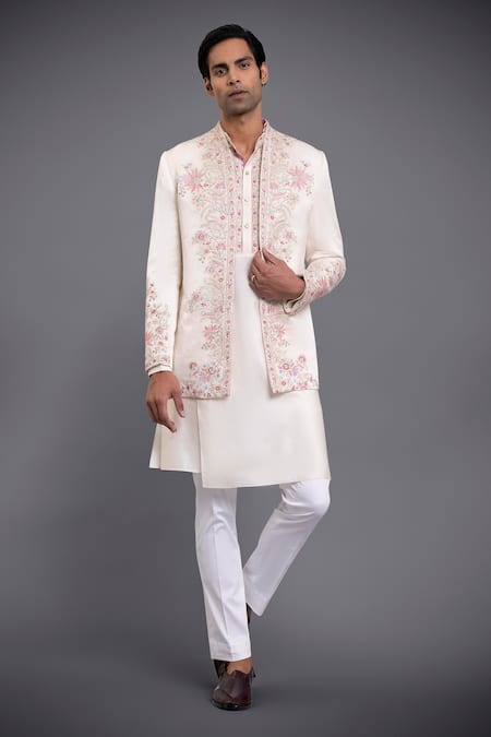 Raghavendra Rathore Jodhpur Off White Linen Silk Embroidery Thread Jacket 