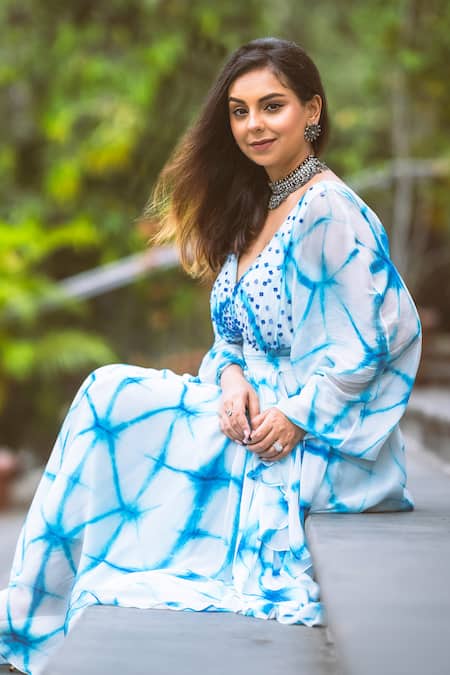 Shop_Babita Malkani_Blue Silk V Neck Tie Dye Maxi Dress_Online_at_Aza_Fashions