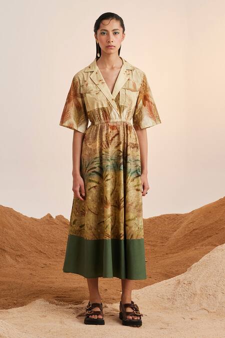 Buy_Cord_Beige Cotton Collared Wood Print Dress_Online_at_Aza_Fashions