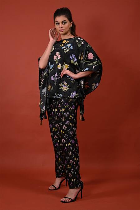 Rimi Nayak_Black Modal, Satin Square Neck Assorted Floral Print Kaftan Top _Online_at_Aza_Fashions