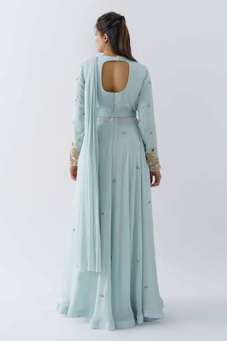 Shop_Suruchi Parakh_Blue Georgette Crepe, Lining Shantoon Crew Pre-draped Saree With Jacket Blouse _at_Aza_Fashions