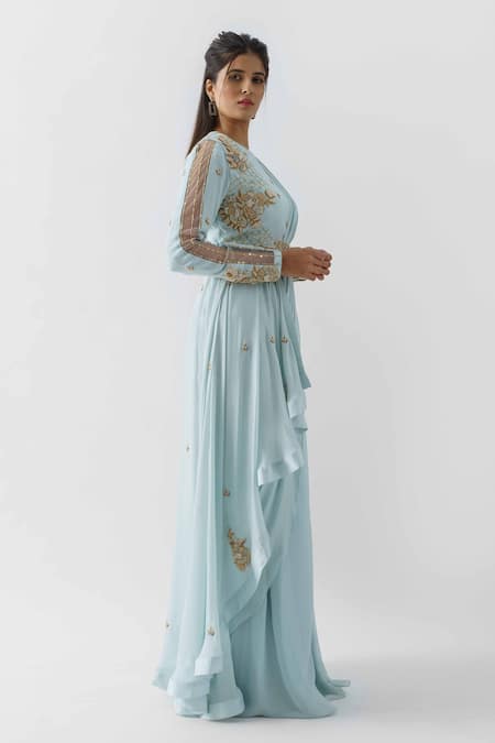 Suruchi Parakh_Blue Georgette Crepe, Lining Shantoon Crew Pre-draped Saree With Jacket Blouse _Online_at_Aza_Fashions