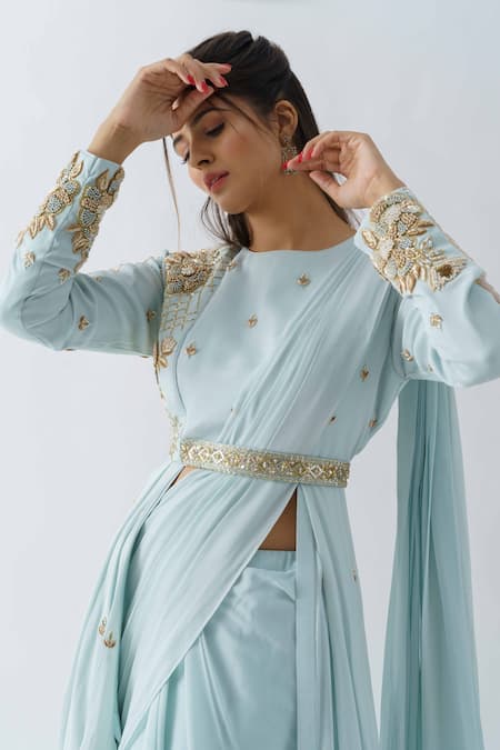 Buy_Suruchi Parakh_Blue Georgette Crepe, Lining Shantoon Crew Pre-draped Saree With Jacket Blouse _Online_at_Aza_Fashions