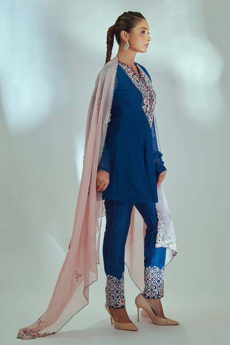Suruchi Parakh_Blue Georgette, Tussar Silk, Dupatta Organza, Embroidered Tunic Pant Set _Online_at_Aza_Fashions