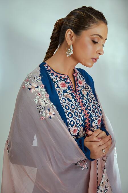 Buy_Suruchi Parakh_Blue Georgette, Tussar Silk, Dupatta Organza, Embroidered Tunic Pant Set _Online_at_Aza_Fashions