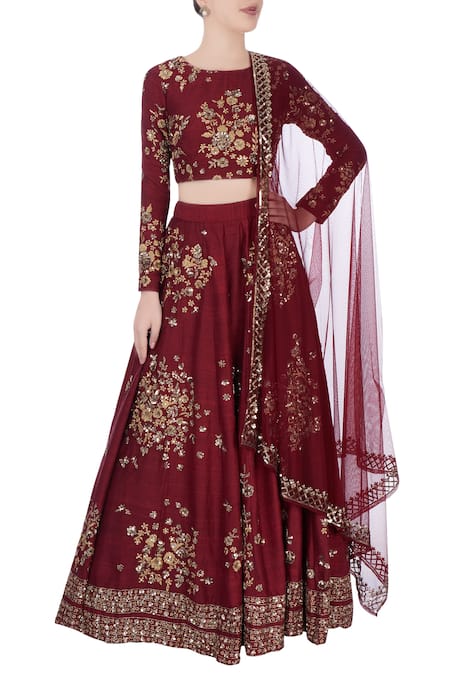 Astha Narang Maroon Embroidered Floral Round Neck Lehenga Set  