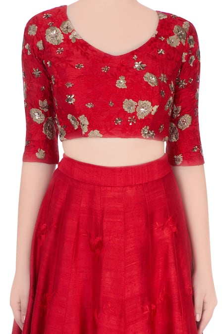 Astha Narang_Red Floral Scoop Neck Embroidered Bridal Lehenga Set _at_Aza_Fashions