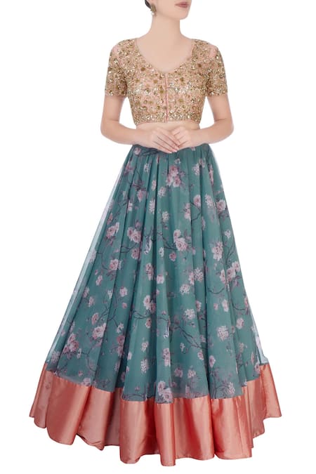 Buy Blue Embroidered Floral Scoop Neck Lehenga Set For Women by Astha ...