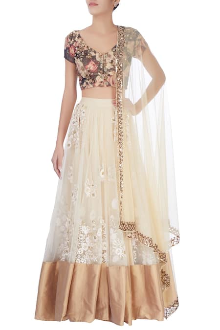 Astha Narang Beige Embroidered Thread Work V Neck Lehenga Set  