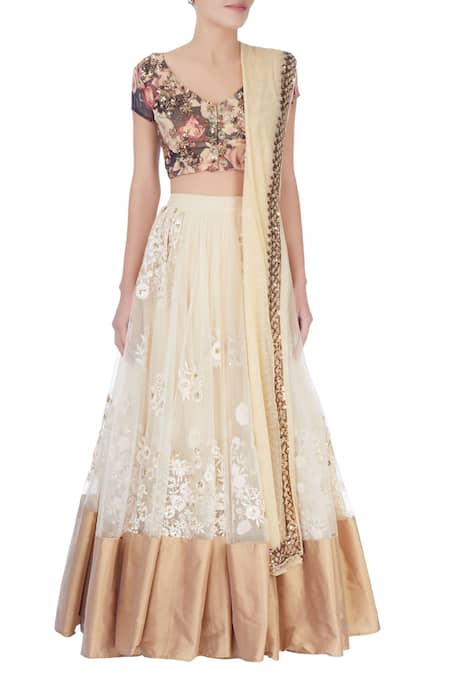 Shop Astha Narang Beige Floral, Thread Work V Neck Embroidered Lehenga Set Online at Aza Fashions Shop_Astha Narang_Beige Floral, Thread Work V Neck Embroidered Lehenga Set_Online_at_Aza_Fashions