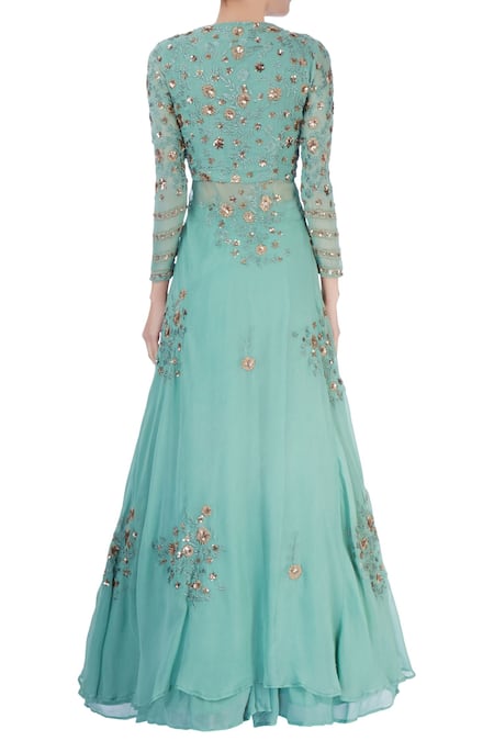 Shop_Astha Narang_Green Embroidered Thread Work V Neck Kurta Lehenga Set _at_Aza_Fashions