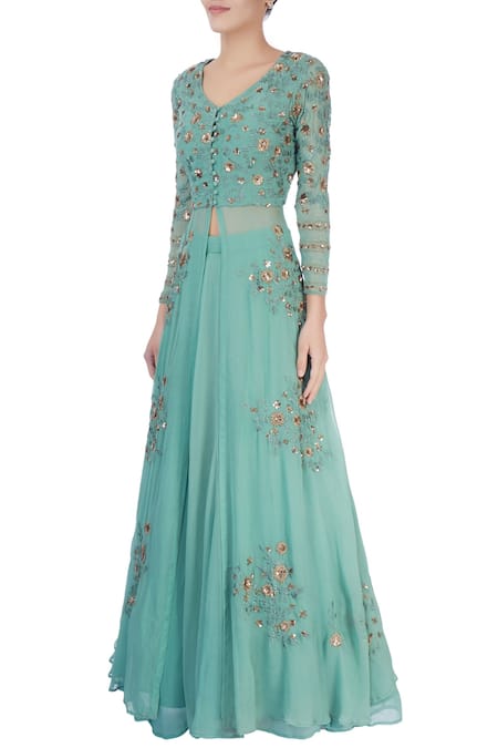 Buy_Astha Narang_Green Embroidered Thread Work V Neck Kurta Lehenga Set _Online_at_Aza_Fashions