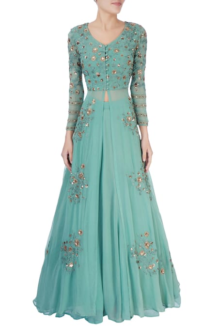 Shop_Astha Narang_Green Embroidered Thread Work V Neck Kurta Lehenga Set _Online_at_Aza_Fashions