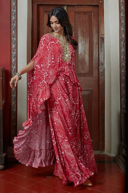 Buy_Arpita Mehta_Red Georgette Garden Print Cape And Pant Set_Online_at_Aza_Fashions