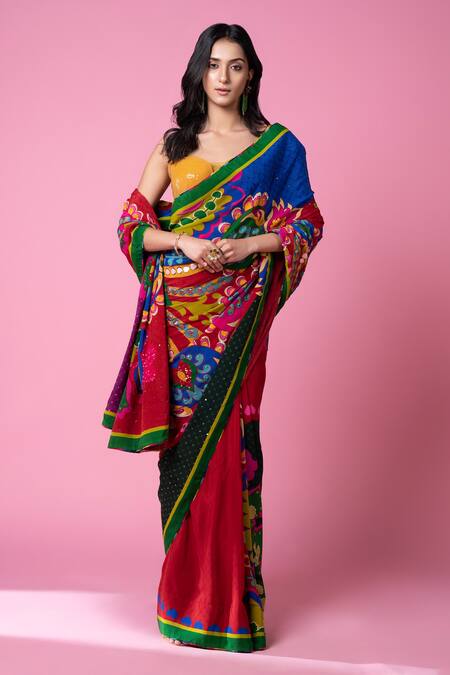 Buy_Siddhartha Bansal_Multi Color Pure Crepe Embroidered Paisley Printed Saree With Blouse  _Online_at_Aza_Fashions