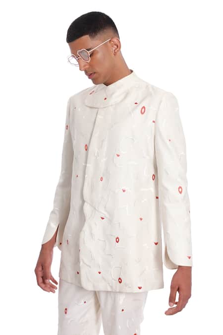 Antar Agni_Ivory Cotton, Silk Embroidery Wing Pattern Shacket _Online_at_Aza_Fashions