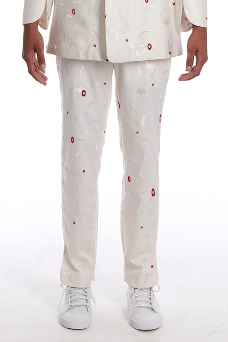 Antar Agni_Ivory Cotton, Silk Embroidery Wing Pattern Trouser _Online_at_Aza_Fashions