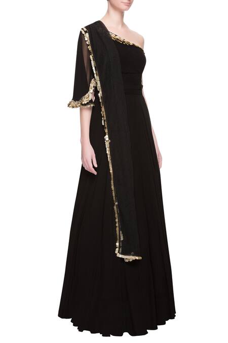 Bhumika Sharma_Black Anarkali With Gold Cutdana Work_Online_at_Aza_Fashions