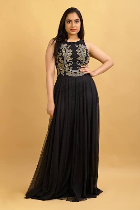 Buy_Ambrosia_Black Round Embroidered Gown_Online_at_Aza_Fashions