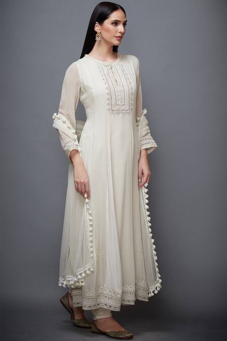 RI.Ritu Kumar_Beige Georgette Blend Embroidered Thread And Sequins Keyhole Anarkali Churidar Set _Online_at_Aza_Fashions