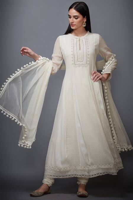 Shop_RI.Ritu Kumar_Beige Georgette Blend Embroidered Thread And Sequins Keyhole Anarkali Churidar Set _Online_at_Aza_Fashions