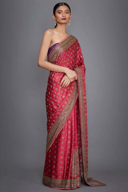 RI.Ritu Kumar_Pink Silk Satin Floral Embroidered Saree With Unstitched Blouse _Online_at_Aza_Fashions