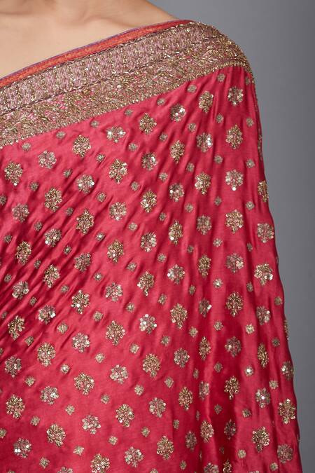 Buy_RI.Ritu Kumar_Pink Silk Satin Floral Embroidered Saree With Unstitched Blouse _Online_at_Aza_Fashions