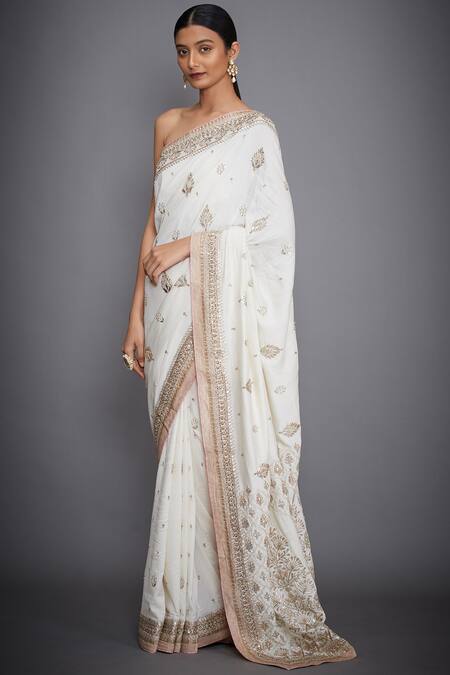 RI.Ritu Kumar_Off White Silk Blend Embroidery Leaf Motifs Saree With Unstitched Blouse _Online_at_Aza_Fashions